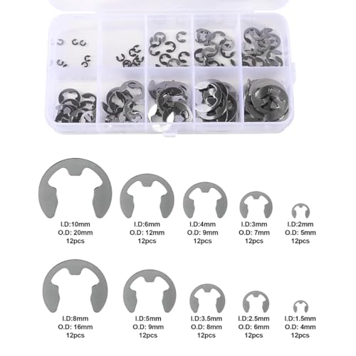 120pcs E-Clip Circlip External Retaining Clips Assortment Set 304 Stainless Steel Circlip Kit Anti Walk Washers 1.5/2 /3/4/5/6/7/8/9/10mm