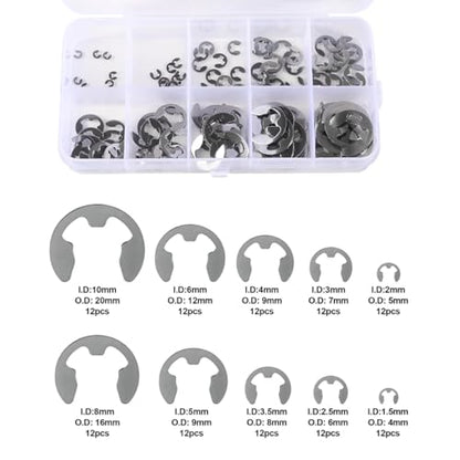 120pcs E-Clip Circlip External Retaining Clips Assortment Set 304 Stainless Steel Circlip Kit Anti Walk Washers 1.5/2 /3/4/5/6/7/8/9/10mm