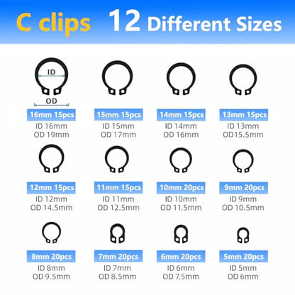 420‑Piece 2.0 mm–12 mm External Retaining Ring & E/C‑Clip Set – Carbon Steel Circlip Assortment Kit