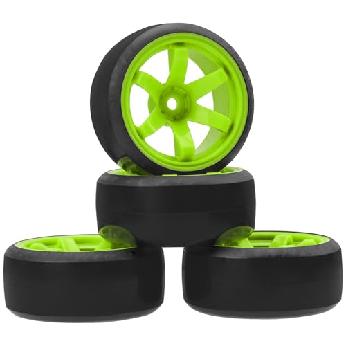 ShareGoo 4PCS/Set 1/10 Drift Car Tires,62mm Hard Plastic Tires & Wheel Rims 12mm Hex Compatible with Traxxas HSP Tamiya HPI Kyosho Wltoys RC 1/10 On Road Drift Drifting Car (Green) - color: Green