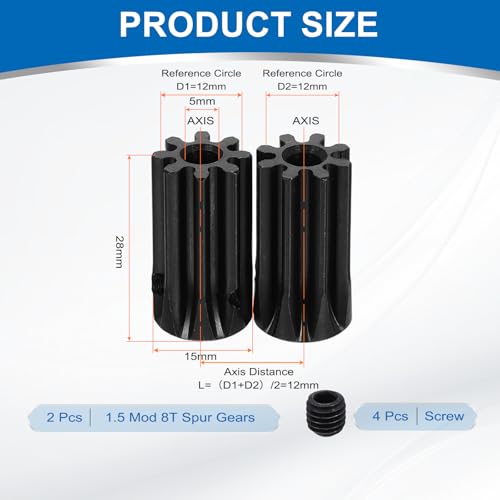 uxcell 2Pcs 1.5 Mod 8T Spur Gear 5mm Bore, 1045 Steel Pinion Gear Black Surface Treatment, 20°Pressure Angle, for Spur Rack and RC Model Car or Motor DIY - size: 1.5 Mod 8T, 5mm