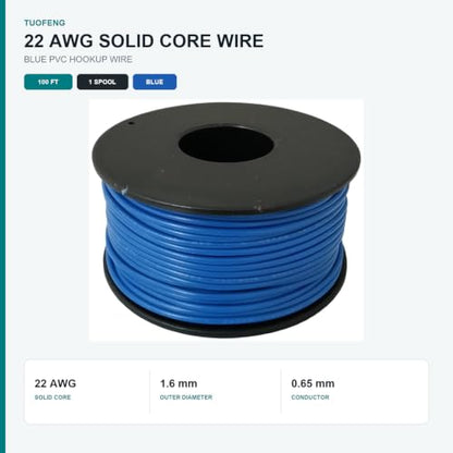 TUOFENG 22 AWG Solid Core Wire - Breadboard Jumper, Blue 100ft - size: 22 AWG solid wire blue 100ft