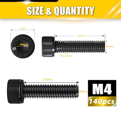 140pcs M4 x 20mm Screws, Hex Socket Head Cap Screws Bolts, 12.9 Grade Alloy Steel, Black Zinc Plated, Allen Socket Drive, Half-Threads, Machine Screws - size: M4*20mm 140pcs