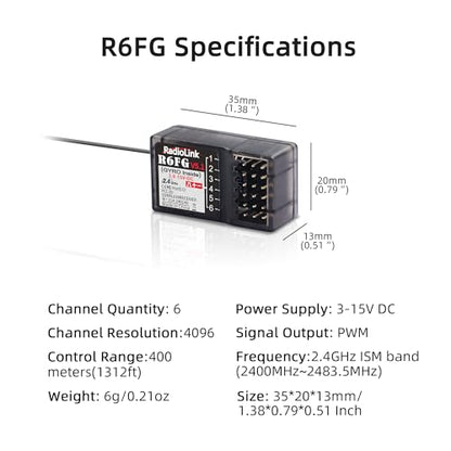 Radiolink R6FG 6 Channels 2.4G RC Gyro Receiver Long Range Control for Car | for Vehicle Drifting/Crawler/Truck/Boat Works with Radio Controller RC4GS V3/RC6GS V3/RC8P/RC8X/T8FB/T8S/T12D/T16D