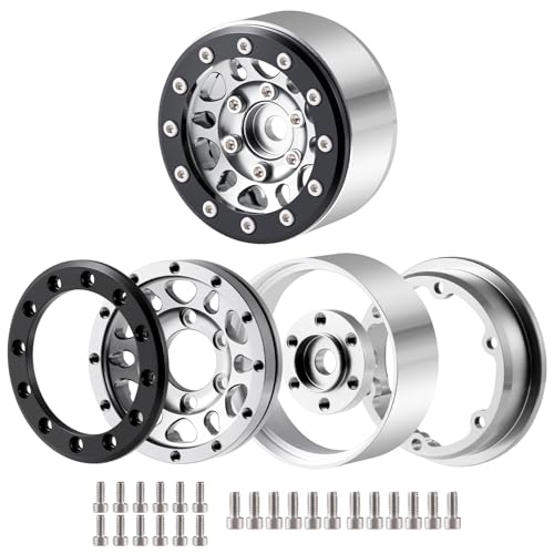 RCLIONS 1.55inch Aluminium Beadlock Wheels Rims for D90 TF2 CC01 AX90069 MST JIMNY 1/10 RC Crawler Trail Truck Car Upgrade Parts (Silver) - color: Silver