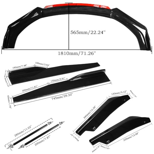 Universal Car Front Bumper Lip Spoiler Body Kits + 2M / 86.6" Side Skirt Extension Rocker Panel Body Kit + 48CM Auto Rear Bumper Lip Diffuser (63"-70" Red) - color: 63"-70" Red