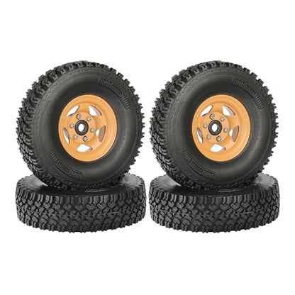 4PCS 1.55 Inch Beadlock Metal Wheel Rim and Rubber Tires Set for 1/10 RC Rock Crawler Car for Axial AX90069 D90 TF2 Tamiya CC01 LC70(90mm-5Spokes Yellow) - color: 90mm-5spokes Yellow