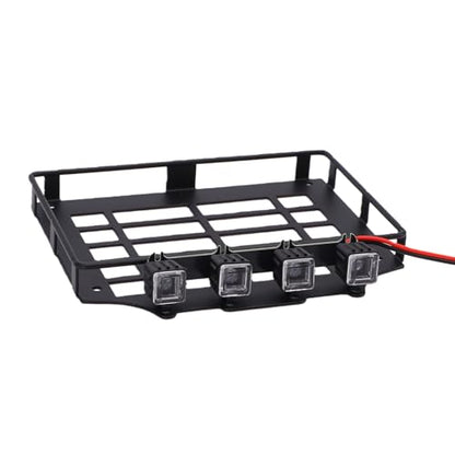 SUNGOOYUE Scale Rc Roof Rack, Vehicle Scale Accessories Rack with Prewired 4 Lights Protective Grilles for Mjx H12Y 112 Offroad Rc Crawler Roof, Cross Bars Metal Car