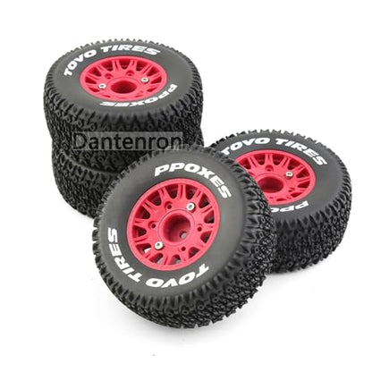 1/10 1/8 Truck Wheels and Tires 12mm 14mm 17mm Hex OD 4.41" RC Short Course Tires for 1:8 1:10 Scale Off Road Truck Car Traxxas Slash 2WD 4×4 Rc4wd Arrma Senton Axial Losi Redcat 4PCS (Red) - color: Red