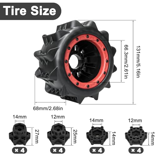 LRFHL 2.8 Beadlock Wheel Tires with 14mm/12mm Hex Adapter for 1/10 RC Car | 4PCS RC Tires Sand Terrain, 1/10 RC Monster Truck, for Traxxas Rustler Stampede Redcat Arrma Vorteks Big Rock Granite - color: Red