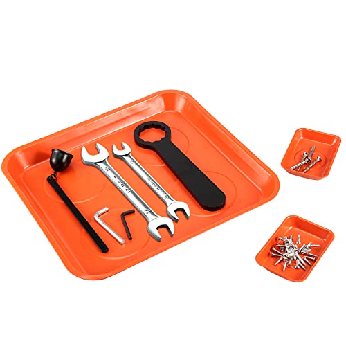 SEUNMUK 8 Pack Orange Magnetic Parts Tray Set, Stainless Steel Rectangle Magnetic Tray Holder for Socket Screw, Nuts, Bolts, Metal Parts, 11.4 x 10 Inch, 5.9 x 2.6 Inch and 3.7 x 2.5 Inch
