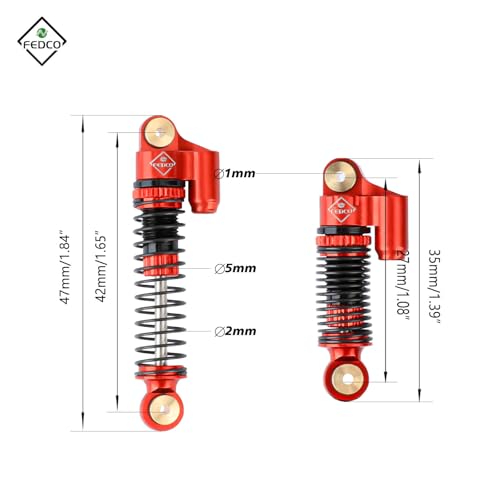 SCX24 Shock Flex Blades With 47MM Oil Filled Shocks Absorber | CNC Aluminum Damper Mount for Axial SCX24 Upgrade Parts 1/24 RC Crawler - color: Red
