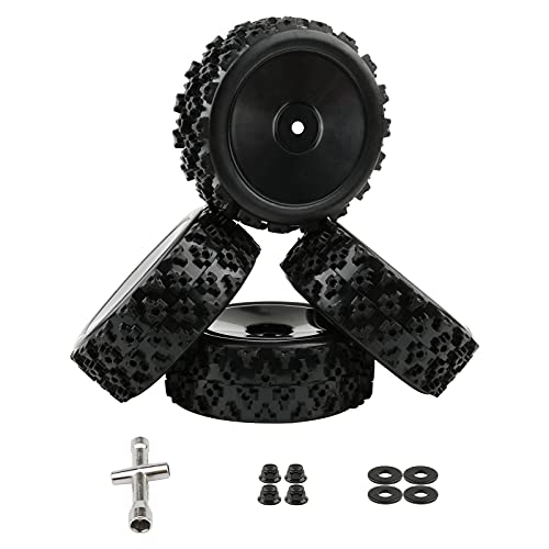4pcs 1/10 On-Road Wheels and Tires 12mm Hex Black Hard Dish Wheel and Rally Block Tyre for Street Racing Car Kyosho Tamiya Traxxas HPI etc, with Lock Nuts Washers Wrench Replacement Parts - color: Black