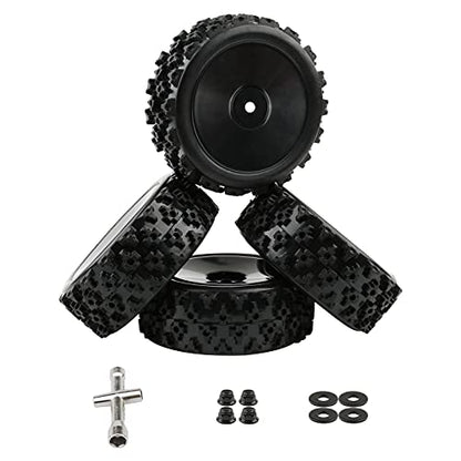 4pcs 1/10 On-Road Wheels and Tires 12mm Hex Black Hard Dish Wheel and Rally Block Tyre for Street Racing Car Kyosho Tamiya Traxxas HPI etc, with Lock Nuts Washers Wrench Replacement Parts - color: Black