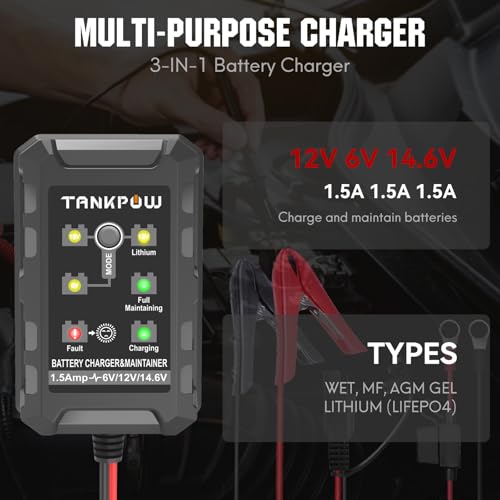 6V/12V 1.5A Automatic Battery Charger,Smart Battery Charger with Overcharge Protection,Trickle Charger Maintainer for Cars,Motorcycle,Lead-Acid&Lithium(LiFePO4) Deep Cycle Batteries