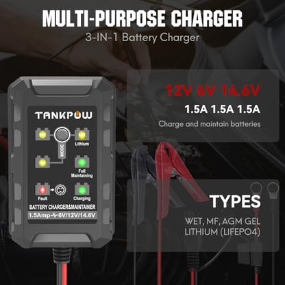 6V/12V 1.5A Automatic Battery Charger,Smart Battery Charger with Overcharge Protection,Trickle Charger Maintainer for Cars,Motorcycle,Lead-Acid&Lithium(LiFePO4) Deep Cycle Batteries
