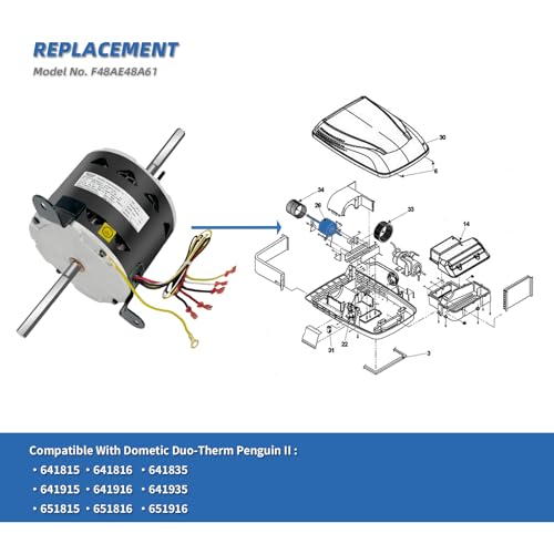 F48AE48A61 Fan Motor Replaces genteq, 3314471.011/3314471.013,1/4HP 1650RPM/3SPD Compatible with RV AC Dometic Duo-Therm Penguin II 641815/641816/641835/641915/641916/641935,115V, LEUNGOO