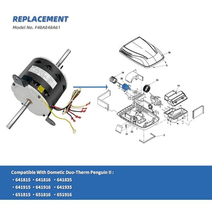 F48AE48A61 Fan Motor Replaces genteq, 3314471.011/3314471.013,1/4HP 1650RPM/3SPD Compatible with RV AC Dometic Duo-Therm Penguin II 641815/641816/641835/641915/641916/641935,115V, LEUNGOO