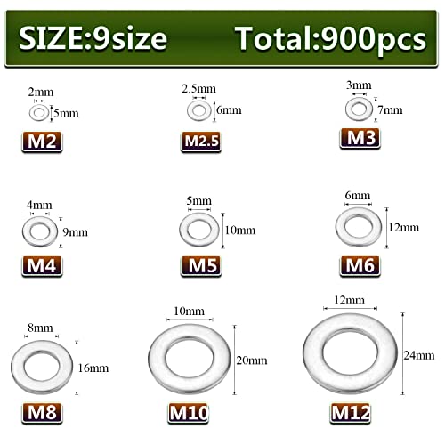 Flat Washers Assorted Kit,Hincell 900pcs 304 Stainless Steel Flat Washers for Screws Bolts,Fender Washers Assortment Set,Stainless Steel Washers, Lock Metal Washers