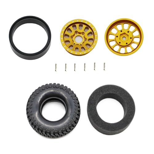 1.3” Brass Beadlock Wheels & All-Terrain Tires Set for 1/18 1/24 RC Crawler TRX4M, Axial SCX24 / AX24, Redcat Ascent-18, FMS FCX24, -5.40mm Offset, 7mm Hex, 4 pcs, Gold - color: Gold
