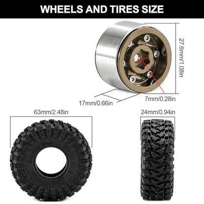 1.0" Beadlock Aluminum Wheels and 63mm Soft Rubber Tires | for SCX24, TRX4M, Ascent 18, FCX24, 1/18 1/24 RC Crawler, 7mm Hex, 0mm Offset, with Foam Inserts, (Bronze 345) - color: Bronze 345