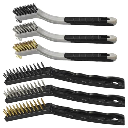 6PCS Wire Brush Set – Brass, Stainless Steel & Nylon Bristles Scrub Brush for Cleaning Rust, Welding Slag and Paint Removal – Curved Handle Small Metal Cleaning Brushes for Car Detailing Home (Style1) - style: Style1