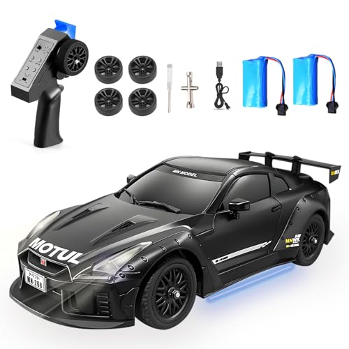 RC Drift Car, 1:16 Scales MN268 GTR Remote Control Drift Car with Gyro, LED Lights, Drifting Tires, 4WD 20 KM/H High Speed Drifting Vehicle Hobby RC Toys for Adults and Teens (2 Batteries)