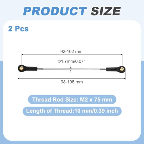 MECCANIXITY 2Pcs RC Boat Push Rod, 304 Stainless Steel Lever Steering Linkage Tie Rods with M2 Ball Head Joint for RC Car Boat Helicopter DIY Model Parts, 98-108mm - size: 98-108mm