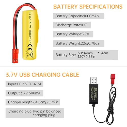 2PCS 3.7V 1000mAh Li-ion Battery JST-2P Plug with USB Charging Cable for Huina 1337 1338 1516 1517 RC Engineering Vehicle Remote Control Toy Car