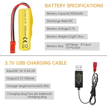 2PCS 3.7V 1000mAh Li-ion Battery JST-2P Plug with USB Charging Cable for Huina 1337 1338 1516 1517 RC Engineering Vehicle Remote Control Toy Car