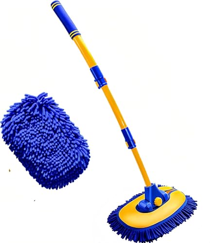 43'' Car Wash Brush with Long Handle Chenille Microfiber Car Wash Kit Mitt Retractable Bent Pole Car Wash Mop for Cars RV Truck Boat (Blue-1) - color: Blue-1