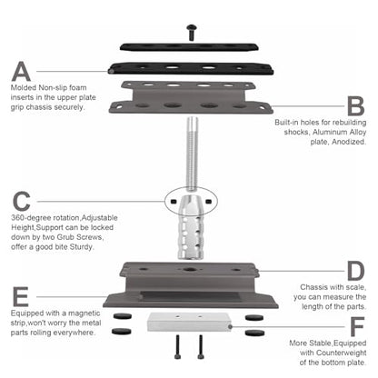Hobbypark RC Car Stand Work Station with Weight Repair Workstation Aluminum Alloy 360 Degree Rotation Lift Or Lower for 1/12 1/10 1/8 Scale (Titanium)