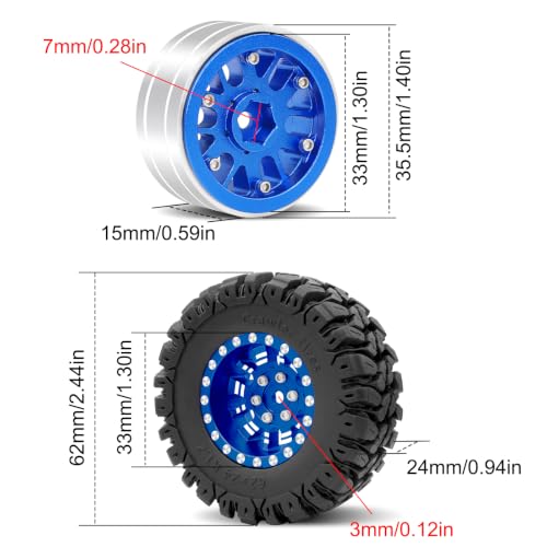 OGRC 1.3" Wheel and Tires 7mm Offset Beadlock Wheels for 1/24 1/18 RC Car | Aluminum, 7mm Hex, Soft and Sticky Tires, for TRX4M SCX24 RC Carwler Car, Blue - color: Blue
