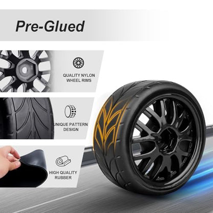 HobbyPark Glued 1/10 On-Road RC Touring Tires and Wheels Set for 1/18 Traxxas Latrax Teton 4 Tec 2.0 3.0 Tamiya TT02 TT01 Brushless (4-Pack) (Color G) - color: Color G