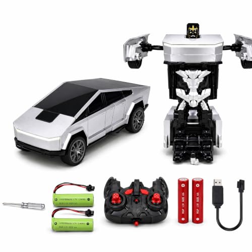 2.4GHz RC Cyber Pickup, Transforming Robot Stunt Car | ABS shell, rubber tires, 360° spin, one‑key deformation, auto demo, white front & red rear LED bar, 2 rechargeable batteries - color: Silver - Cyber