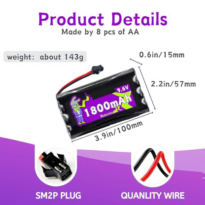 9.6V 1800mAh Ni-Cd 4+4 Flat Shape Rechargeable Battery with SM-2P Plug(Black),Fit for RC Radio-Controlled Car Truck Tank Engineering Vehicle Remote Control Ship etc. with Charger(8*AA)