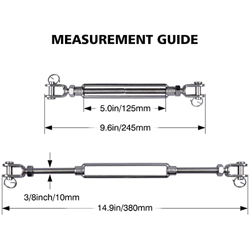 3/8 Inch M10 Jaw & Jaw Turnbuckle for Cable Rope Tension, 304 Stainless Steel, 1200 lbs Load (4PCS)