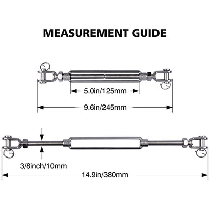 3/8 Inch M10 Jaw & Jaw Turnbuckle for Cable Rope Tension, 304 Stainless Steel, 1200 lbs Load (4PCS)