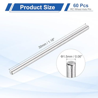 MECCANIXITY 60 Pack Dowel Pin Wheel, 1.5x30mm Steel Hex Wheel Hub Nut Pin Replacement for DIY RC Car Truck Boat Helicopter Model Part, Silver - size: 1.5x30mm