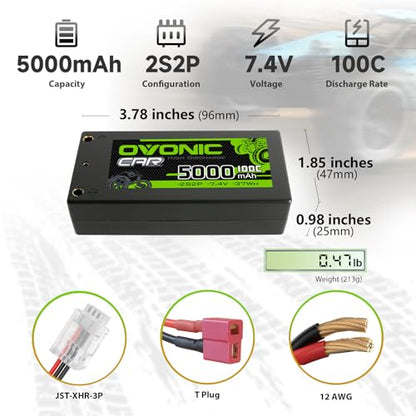 OVONIC Lipo Battery 5000mAh 100C 7.4V 2S RC Battery with Dean-Style T Connector for RC Plane DJI Quadcopter RC Airplane RC Helicopter RC Car Truck Boat 2pcs