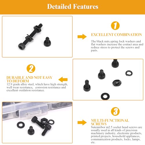 565 Pieces M2.5 Screws Nuts Washers Set Black, Sutemribor M2.5 x 4/6/8/10/12/16/20mm Hex Socket Head Cap Screws Nuts Washers Assortment Kit, 12.9 Grade Alloy Steel, Fully Threaded - size: M2.5, style: Socket Head