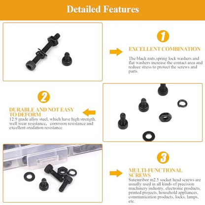 565 Pieces M2.5 Screws Nuts Washers Set Black, Sutemribor M2.5 x 4/6/8/10/12/16/20mm Hex Socket Head Cap Screws Nuts Washers Assortment Kit, 12.9 Grade Alloy Steel, Fully Threaded - size: M2.5, style: Socket Head