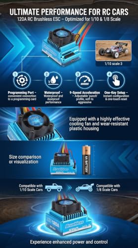 VGEBY RC Brushless ESC, 120A RC Brushless ESC Programmable Acceleration Plug ESC Complete Motors Complete Motors for 1/10 1/8 RC Car,