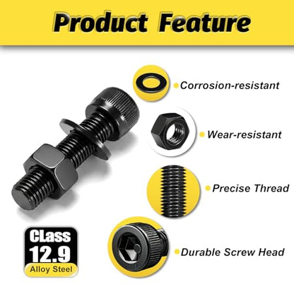 KADRICK 860PCS Metric Screws Assortment Kit,M6 M5 M4 M3 Hex Socket Head Cap | M3-M6 Bolts Nuts Flat/Lock Washers Kit,Class 12.9 Alloy Steel, Black Zinc Plated,Anti Rust Upgrade - size: M3-M6 860Pcs
