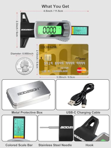 Rechargeable Digital Tire Tread Depth Gauge, USB-C, Backlit LCD | 0-1 inch Measuring Range, mm/Decimal/Fraction Inch Modes, Auto Power Off, Tire Wear Tool for Cars, SUVs, Trucks and RVs