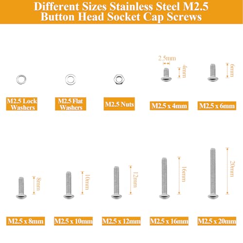 705 Pieces M2.5 Screws Nuts Washers Set, Sutemribor M2.5 x 4/6/8/10/12/16/20mm Button Head Socket Cap Screws Nuts Washers Assortment Kit, 304 Stainless Steel, Fully Threaded - size: M2.5 Screws Kit, style: Button Head
