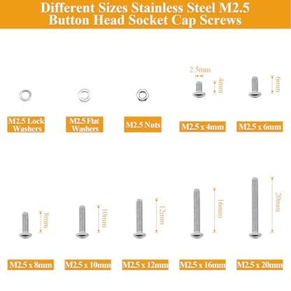 705 Pieces M2.5 Screws Nuts Washers Set, Sutemribor M2.5 x 4/6/8/10/12/16/20mm Button Head Socket Cap Screws Nuts Washers Assortment Kit, 304 Stainless Steel, Fully Threaded - size: M2.5 Screws Kit, style: Button Head