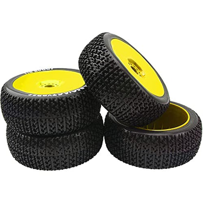 4Pcs OD 4.52" 1/8 RC Buggy Rubber Tires Tyre w/Plastic Rim 17mm Hex Compatible with Arrma Kyosho Exceed RC Traxxas Redcat HSP HPI 1/8 Scale Off Road Car Buggy (Yellow)