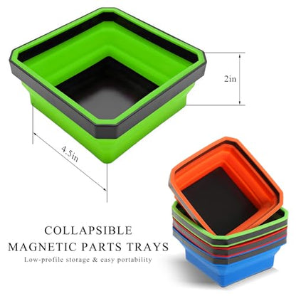 Collapsible Magnetic Parts Tray, 4.5" Square Silicone Tool Tray with Dual-Sided Magnetic Base, Foldable Small Metal Parts Organizer Storage Bowl for Screws Bolts Nuts Washers (Green) - color: Green