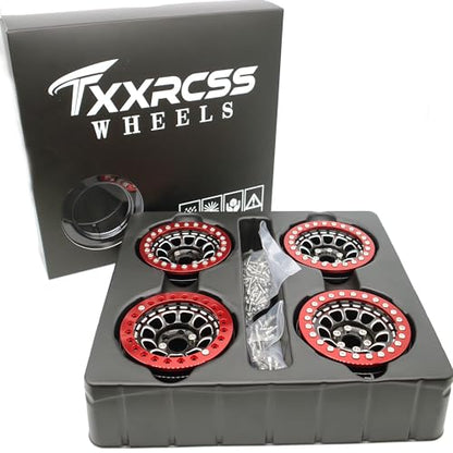 RC 2.2 Aluminum Alloy Beadlock Wheels and Tires Upgrades Accessories Rims for 1/10 SCX10 TRX4RC4WD and D90 RC Crawler Axial Remote Control Car (4pc) (Black & Red) - color: Black & Red